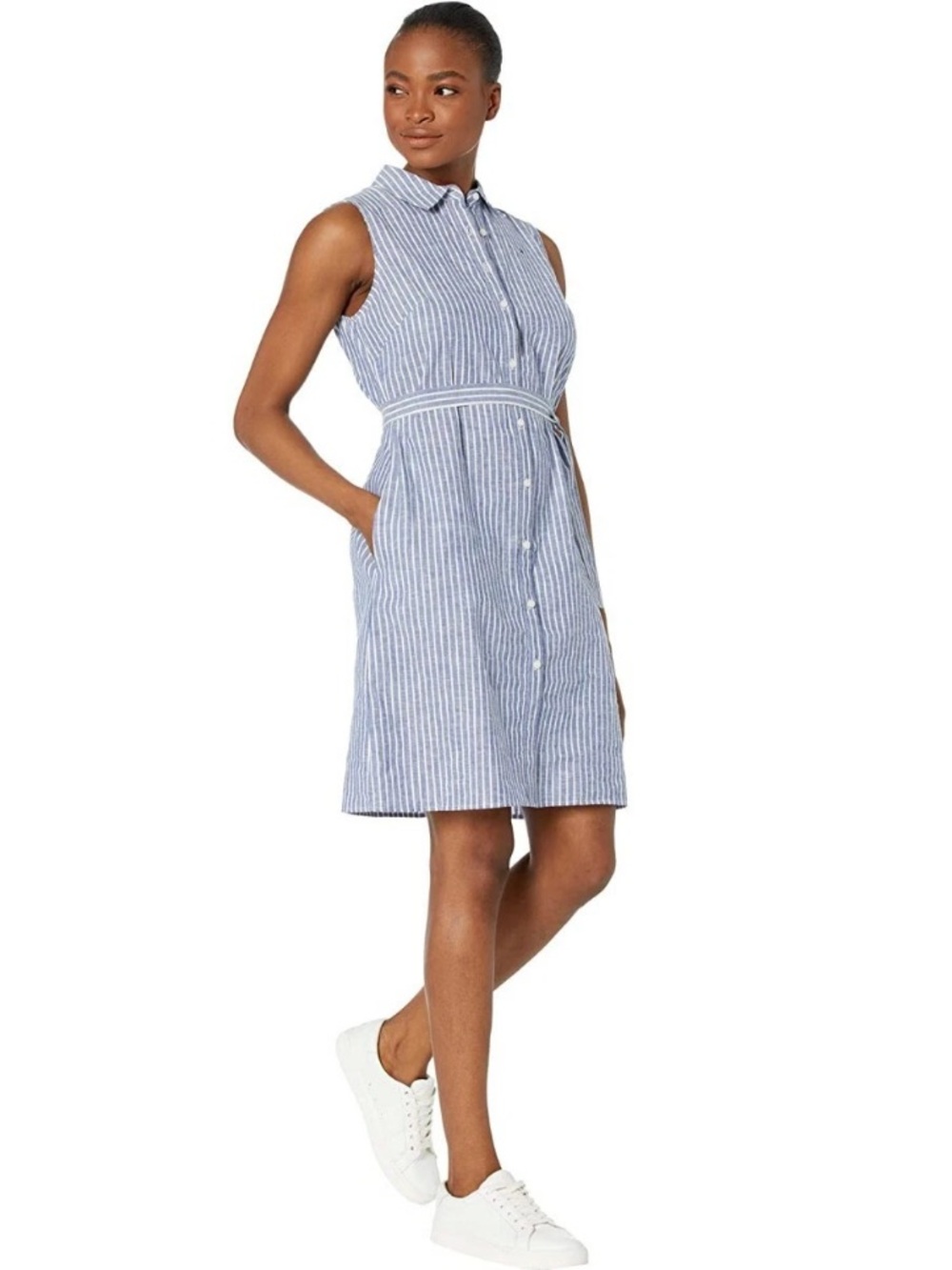 Tommy Hilfiger Simple Cotton Stripe Shirt Dress Sleeveless Marina Blue - Size 8